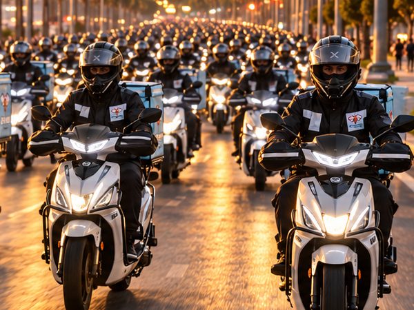 Farları yanan motosikletleriyle yan yana ilerleyen kuryeler
