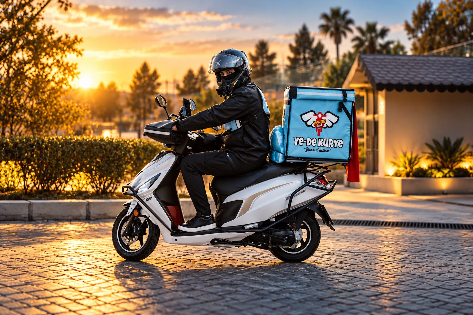 Gün batımında motosikletinin üstünde bekleyen YEDE KURYE kuryesi